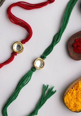 Green Red Handcrafted Kundan Inspired Rakhis (Set Of 2) 2