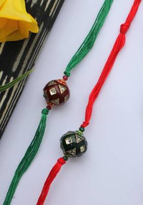 Red Green Handcrafted Kundan Inspired Meenakari Rakhis (Set Of 2) 2