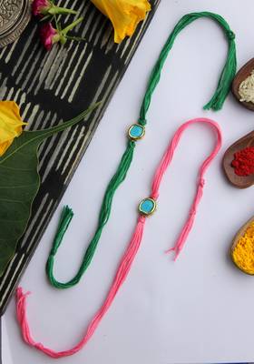 Pink Green Handcrafted Kundan Inspired Rakhis (Set Of 2) 1