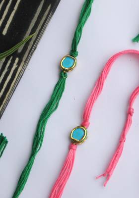 Pink Green Handcrafted Kundan Inspired Rakhis (Set Of 2) 2