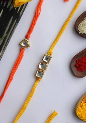 Orange Yellow Handcrafted Kundan Inspired Rakhis (Set Of 2) 1