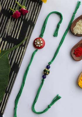 Green Handcrafted Kundan Inspired Rakhis (Set Of 2) 1