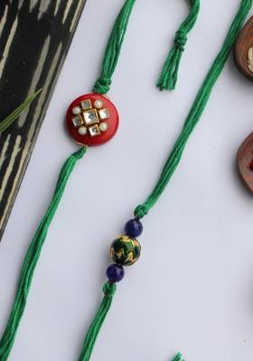 Green Handcrafted Kundan Inspired Rakhis (Set Of 2) 2