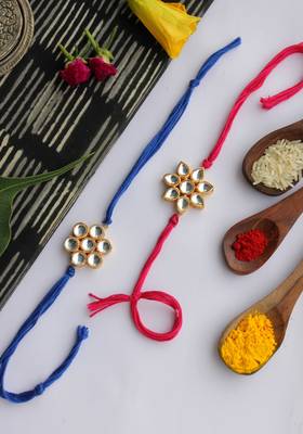 Pink Blue Handcrafted Kundan Inspired Rakhis (Set Of 2) 1