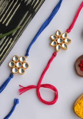 Pink Blue Handcrafted Kundan Inspired Rakhis (Set Of 2) 2