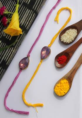 Purple Yellow Handcrafted Crystal Rakhis (Set Of 2) 1