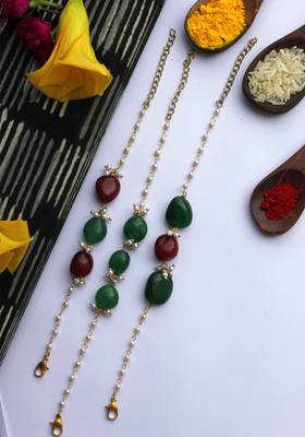 Red Green Handcrafted Stone Rakhis (Set Of 3) 1