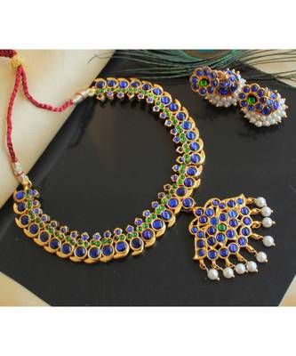 Beautiful Gold Plated Blue Green Mango Designer Temple Necklace Set 1