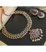 Beautiful Gold Plated Blue Green Mango Designer Temple Necklace Set