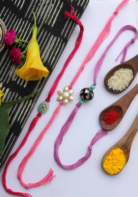 Multicolored Handcrafted Kundan Inspired Pearl Rakhis (Set Of 3) 1