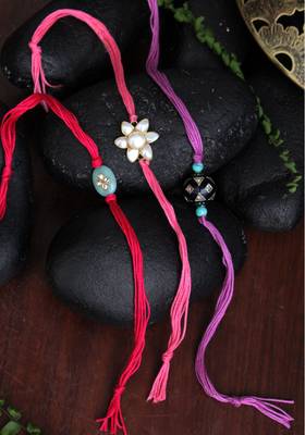 Multicolored Handcrafted Kundan Inspired Pearl Rakhis (Set Of 3) 2