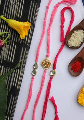 Pink Red Handcrafted Kundan Inspired Pearl Rakhis (Set Of 3) 1