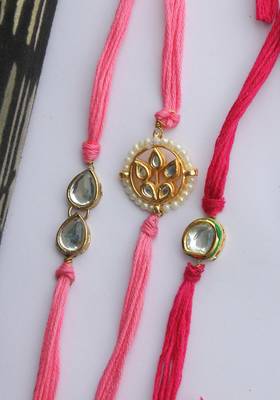 Pink Red Handcrafted Kundan Inspired Pearl Rakhis (Set Of 3) 2