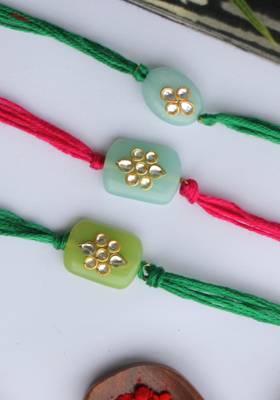 Multicolored Handcrafted Kundan Inspired Pearl Rakhis (Set Of 3) 2