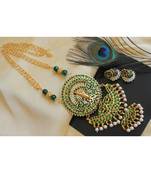 Beautiful Handmade Green Temple Peacock Designer Pendant Long Necklace Set
