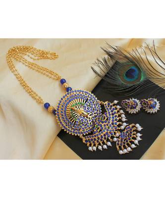 Beautiful Handmade Blue Green Temple Peacock Designer Pendant Long Necklace Set 1