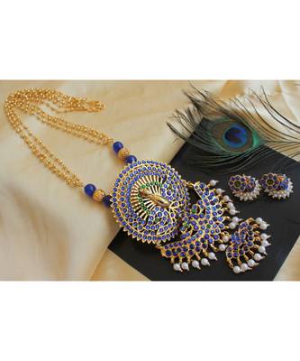 Beautiful Handmade Blue Green Temple Peacock Designer Pendant Long Necklace Set 2