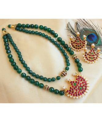 Beautiful Kemp Green Agates Moon Designer Double Layer Necklace Set 1