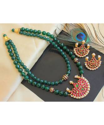 Beautiful Kemp Green Agates Moon Designer Double Layer Necklace Set 2