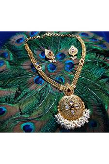 Georgeous  Gold Plated Pink Colour Stones Necklace Set