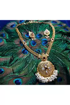 Georgeous  Gold Plated Pink Colour Stones Necklace Set