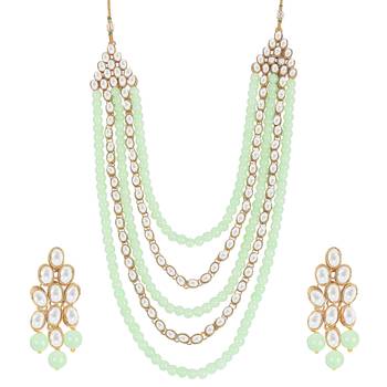 Gold Plated Kundan & Beads Multi-Strand Necklace Set With Earrings For Women 1