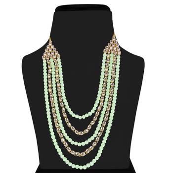 Gold Plated Kundan & Beads Multi-Strand Necklace Set With Earrings For Women 2