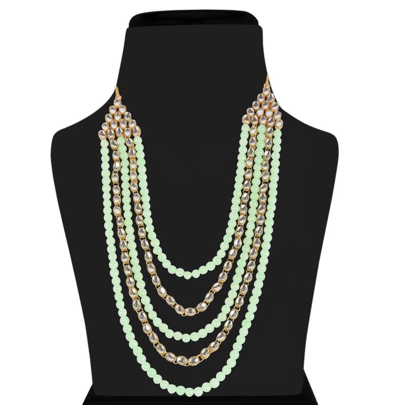 Gold Plated Kundan & Beads Multi-Strand Necklace Set With Earrings For Women