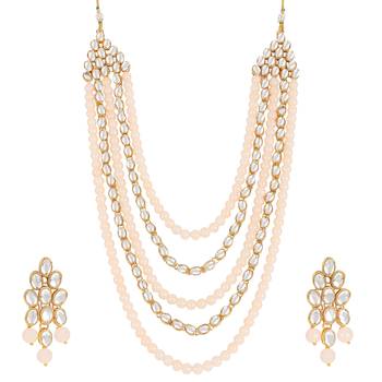Gold Plated Kundan & Beads Multi-Strand Necklace Set With Earrings For Women 1