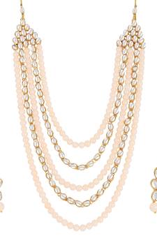 Gold Plated Kundan & Beads Multi-Strand Necklace Set With Earrings For Women