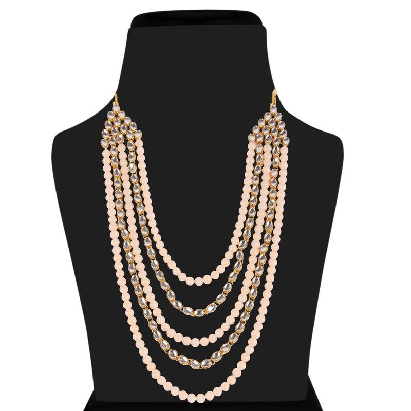 Gold Plated Kundan & Beads Multi-Strand Necklace Set With Earrings For Women