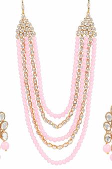 Gold Plated Kundan & Beads Multi-Strand Necklace Set With Earrings For Women