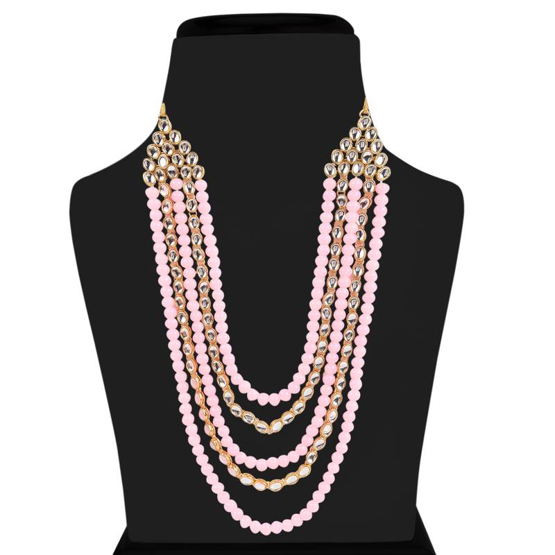 Gold Plated Kundan & Beads Multi-Strand Necklace Set With Earrings For Women