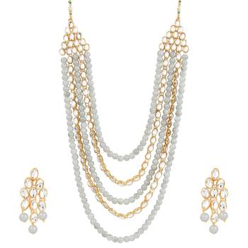 Gold Plated Kundan & Beads Multi-Strand Necklace Set With Earrings For Women 1