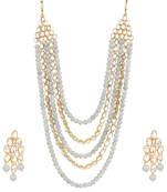 Gold Plated Kundan & Beads Multi-Strand Necklace Set With Earrings For Women