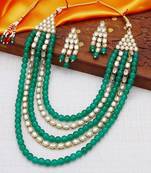 Gold Plated Kundan & Beads Multi-Strand Necklace Set With Earrings For Women