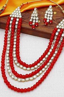 Gold Plated Kundan & Beads Multi-Strand Necklace Set With Earrings For Women