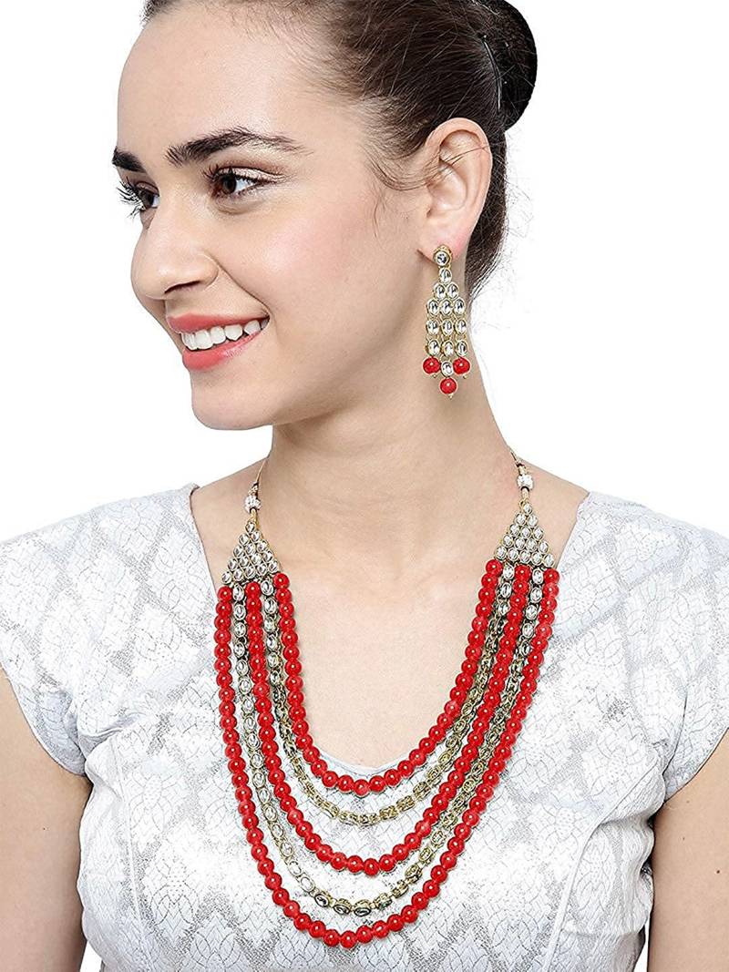 Gold Plated Kundan & Beads Multi-Strand Necklace Set With Earrings For Women