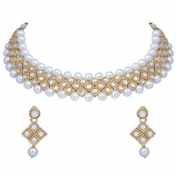 Traditional Gold Plated Pearl & Kundan Choker Necklace Set With Earrings For Women 1