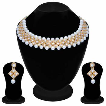 Traditional Gold Plated Pearl & Kundan Choker Necklace Set With Earrings For Women 2