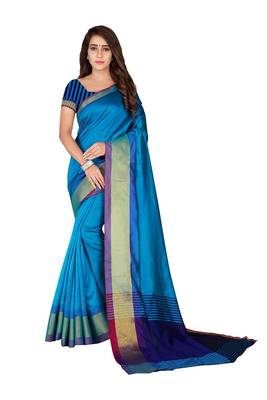 blue woven silk blend saree with blouse 1
