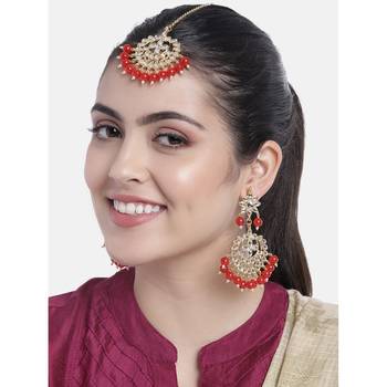 Traditional Gold Plated Pearl & Kundan Maang Tikka With Earring Set 1