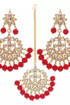 Traditional Gold Plated Pearl & Kundan Maang Tikka With Earring Set