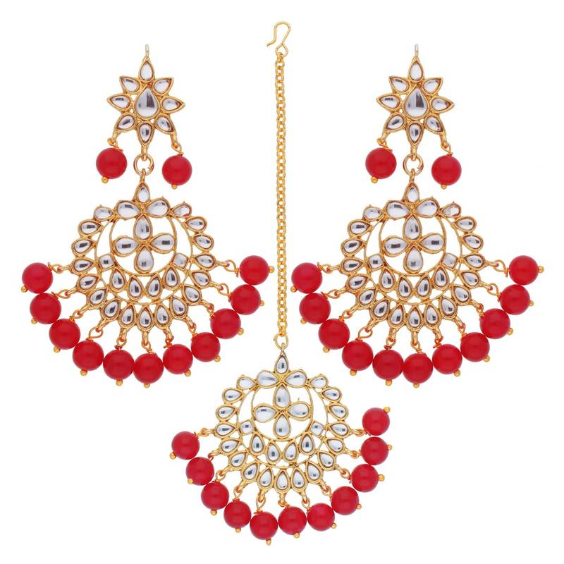 Traditional Gold Plated Pearl & Kundan Maang Tikka With Earring Set