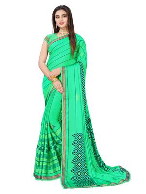 Green Printed Chiffon saree with blouse 1