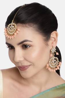 Traditional Gold Plated Pearl & Kundan Maang Tikka With Earring Set