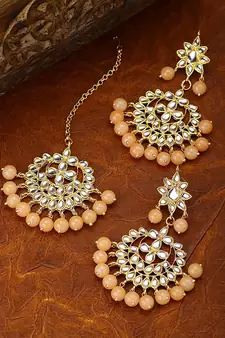 Traditional Gold Plated Pearl & Kundan Maang Tikka With Earring Set