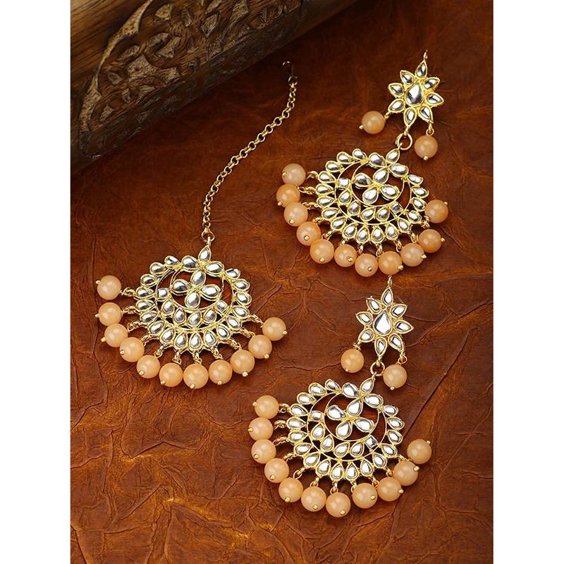 Traditional Gold Plated Pearl & Kundan Maang Tikka With Earring Set