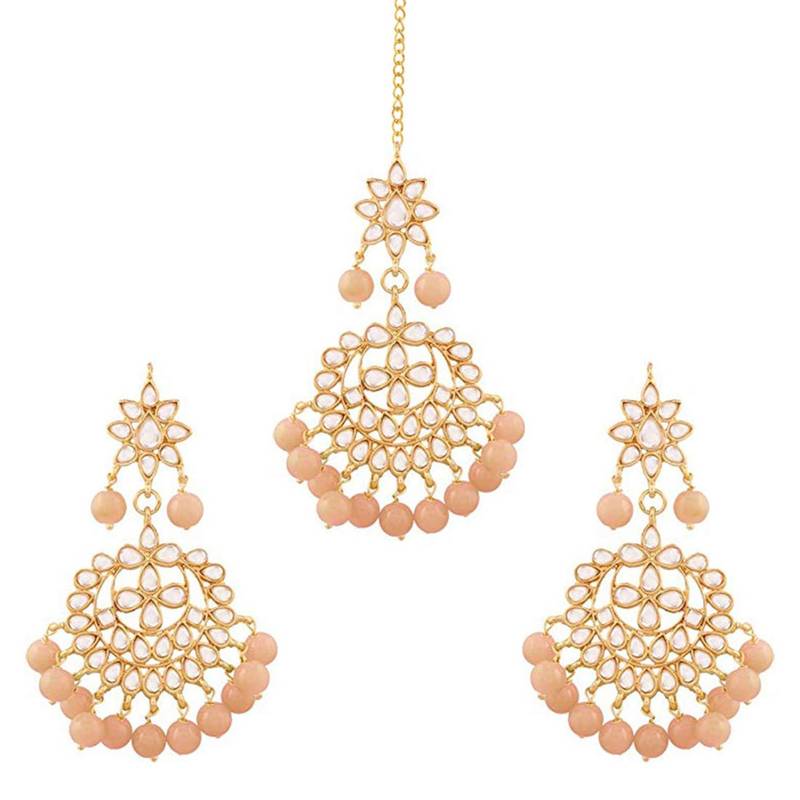 Traditional Gold Plated Pearl & Kundan Maang Tikka With Earring Set