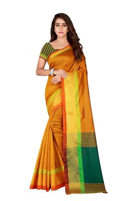 Yellow woven polyester saree with blouse 1